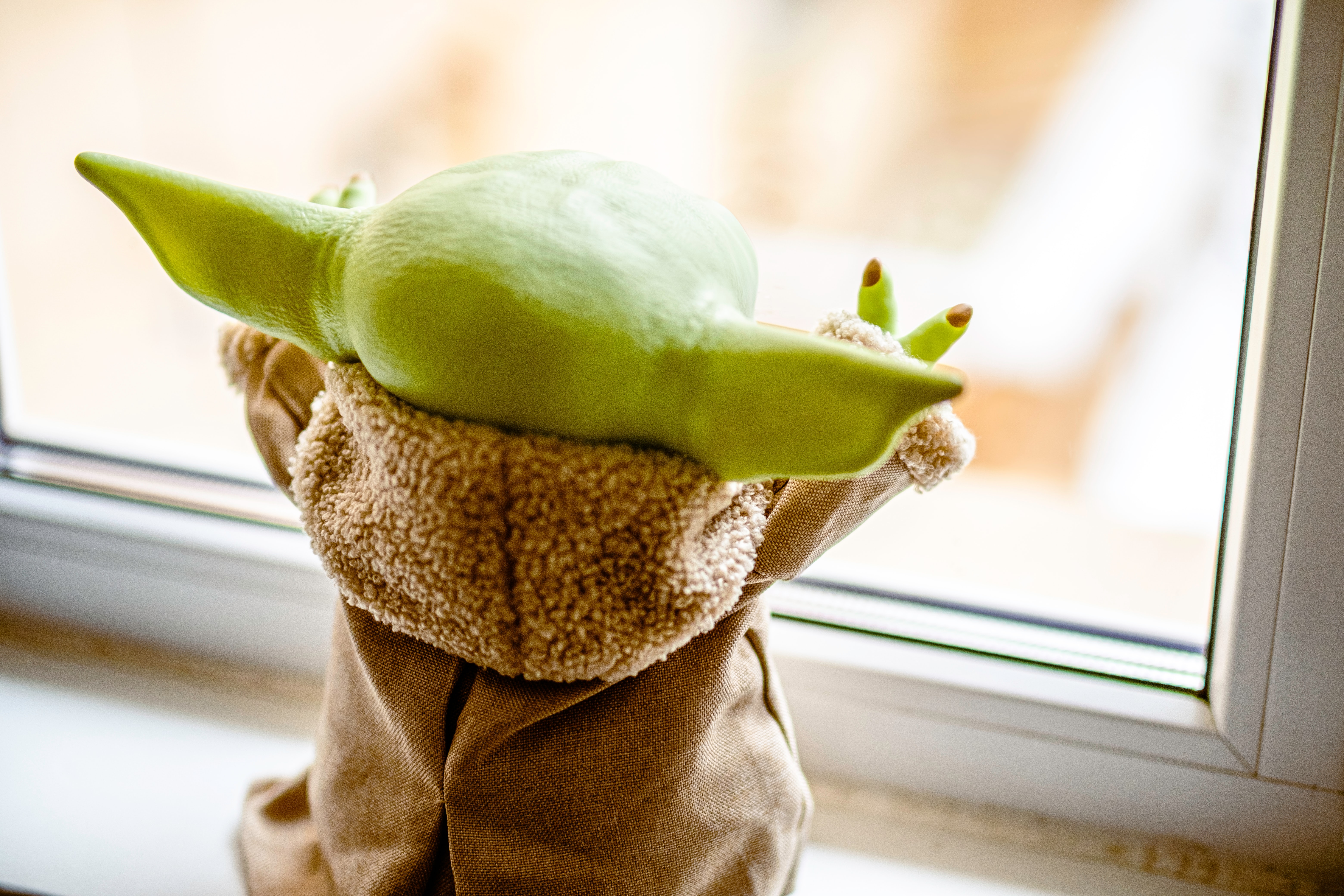 Baby Yoda staring out bright window